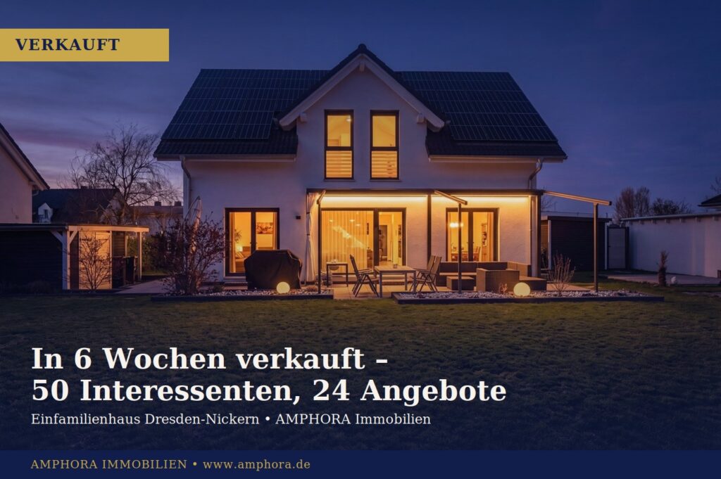 Modernes Einfamilienhaus in Dresden-Nickern am Abend, verkauft von AMPHORA Immobilien