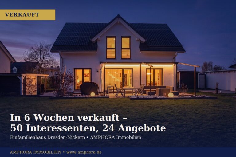 Modernes Einfamilienhaus in Dresden-Nickern am Abend, verkauft von AMPHORA Immobilien