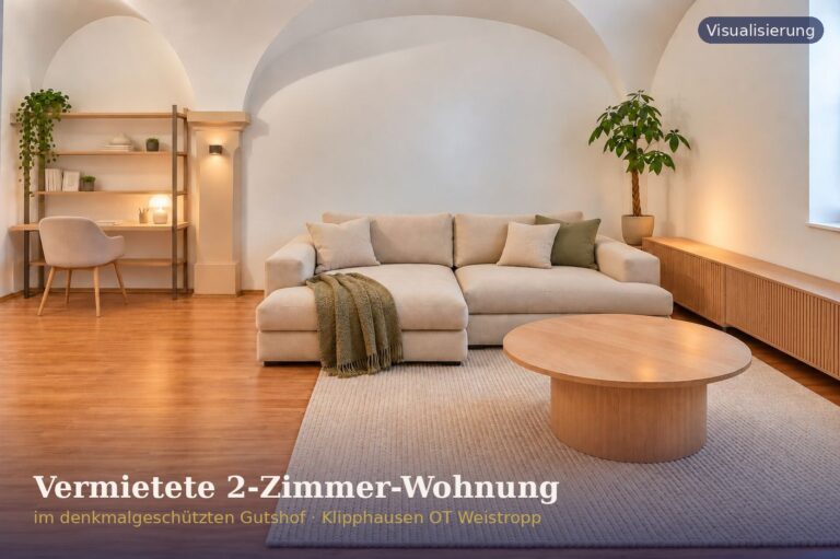 Vermietete 2-Zimmer-Wohnung mit Terrasse und Stellplatz im denkmalgeschützten Gutshof
